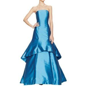 Monique Lhuillier Teal Strapless Tiered Gown Sz 4
